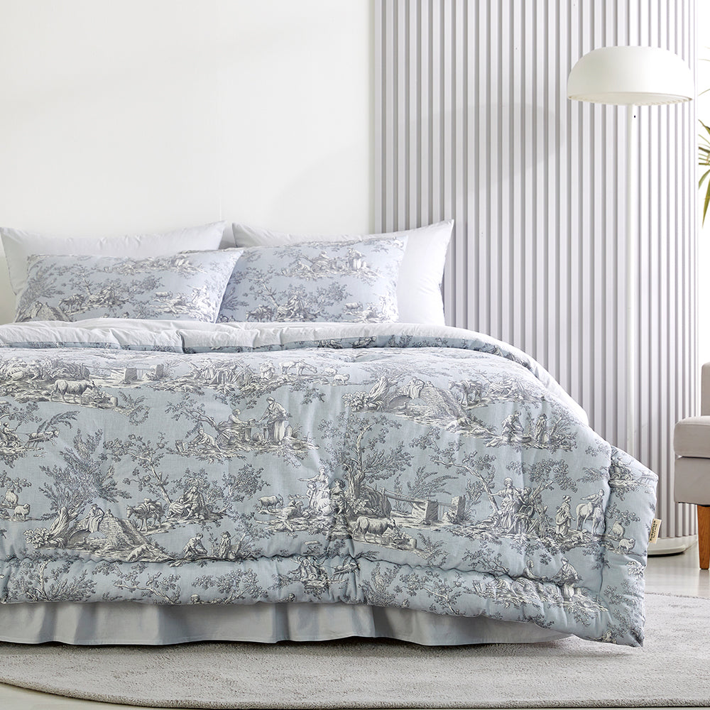 Toile de jouy Cotton Comforter Set(All-Season) - Antique Blue