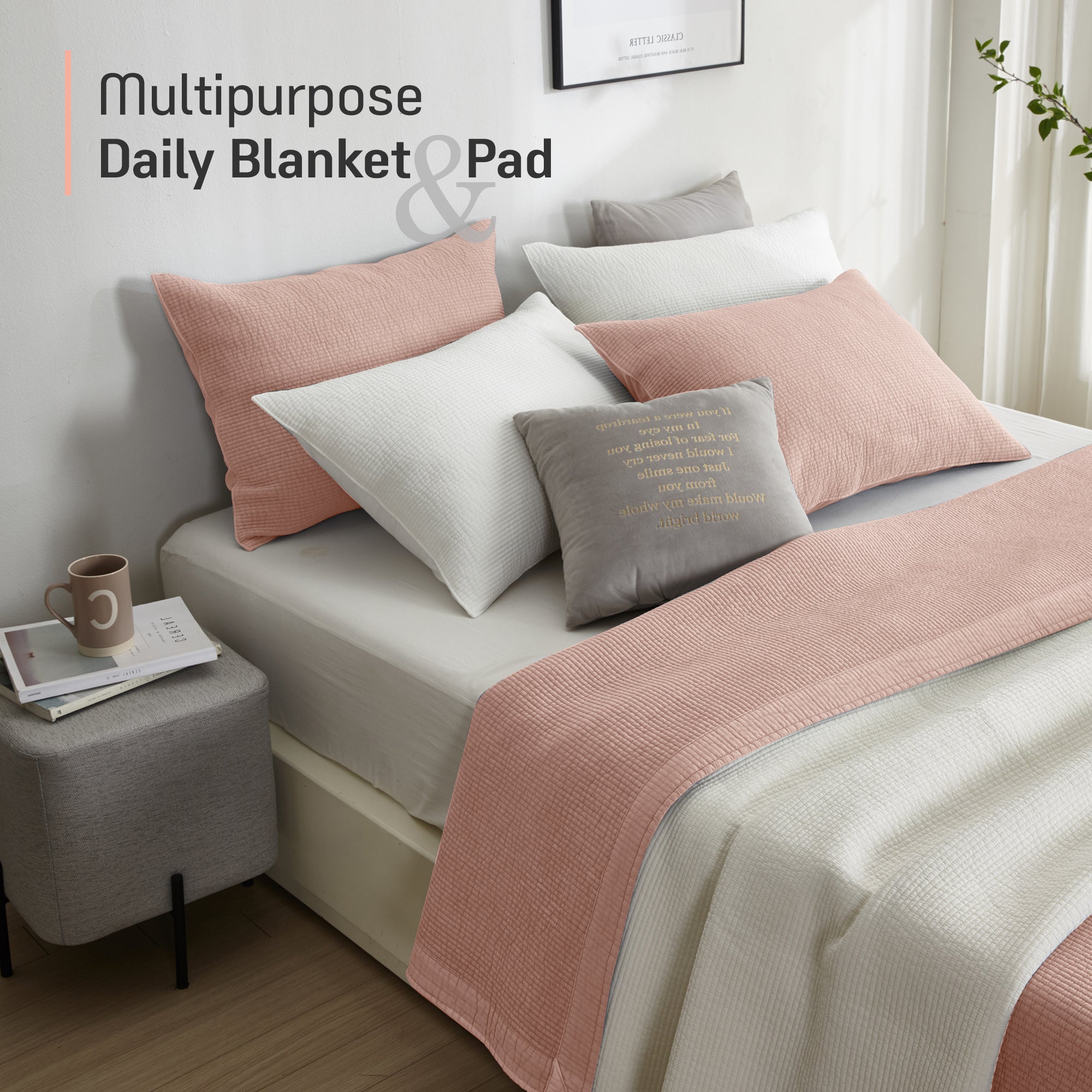 Pure Cotton Line Quilt Set in Peach Pink
