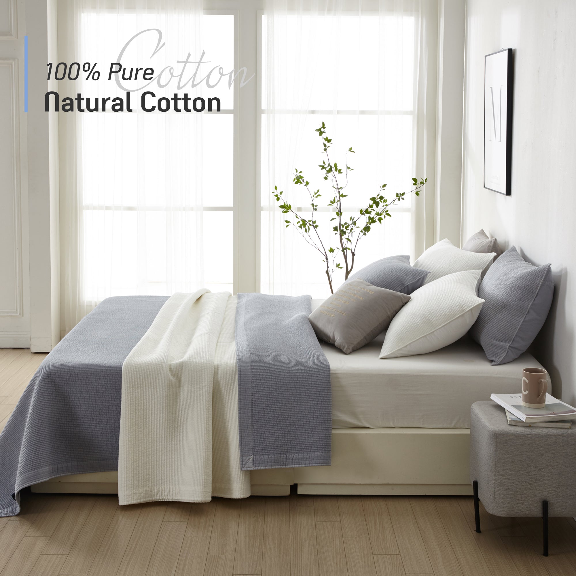 Pure Cotton Line Quilt Set in Pale Blue