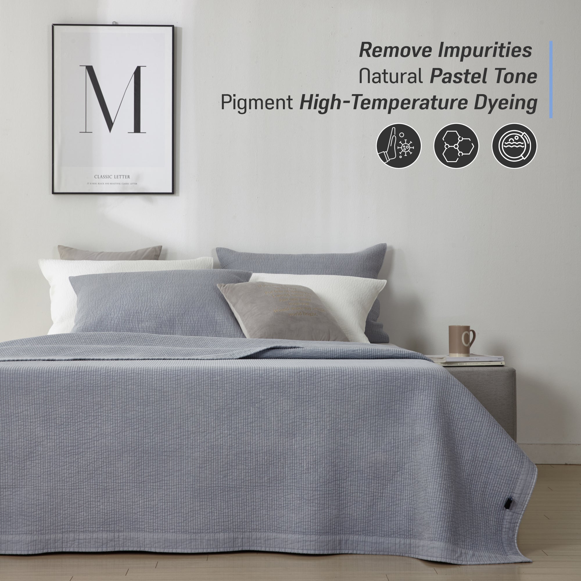 Pure Cotton Line Quilt Set in Pale Blue