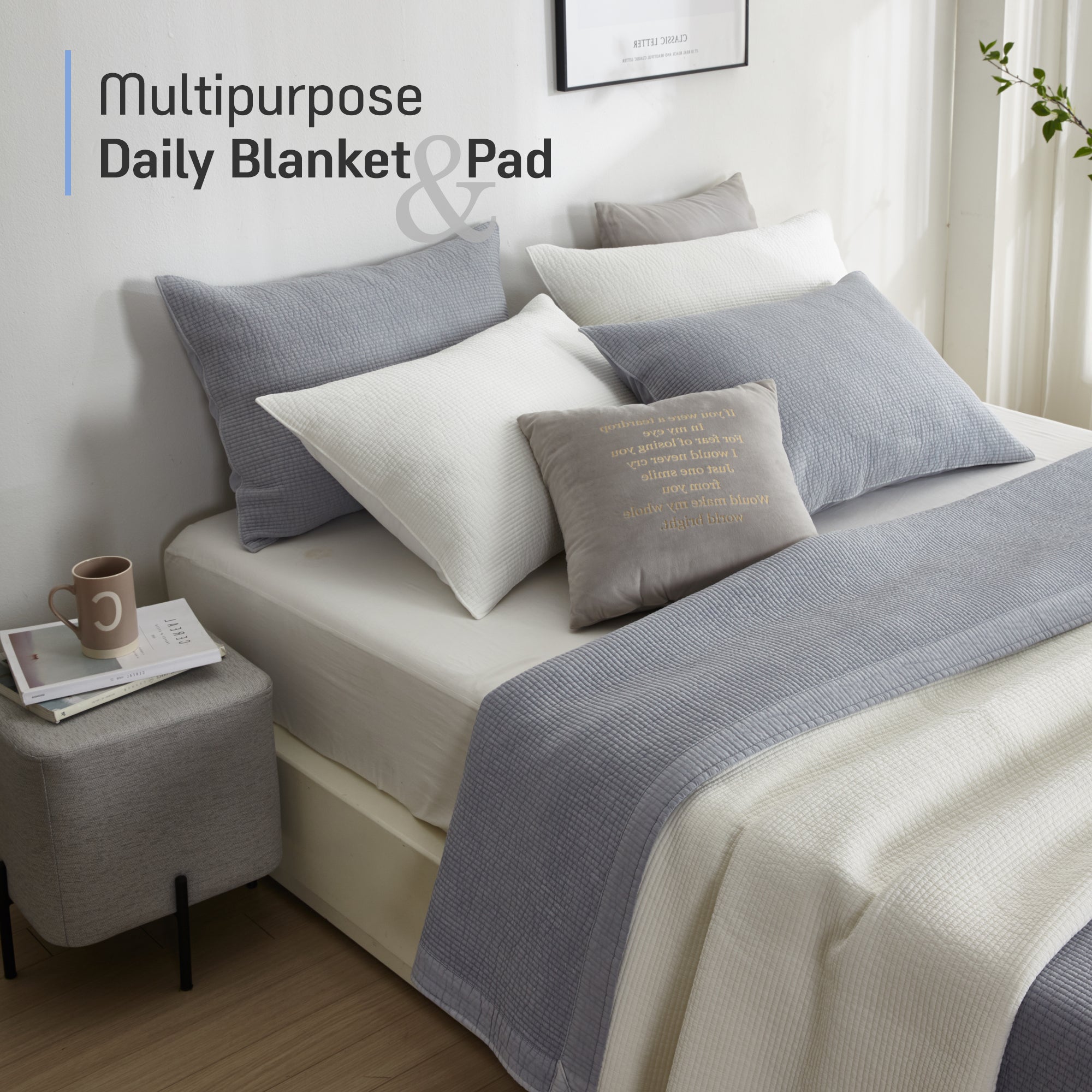 Pure Cotton Line Quilt Set in Pale Blue