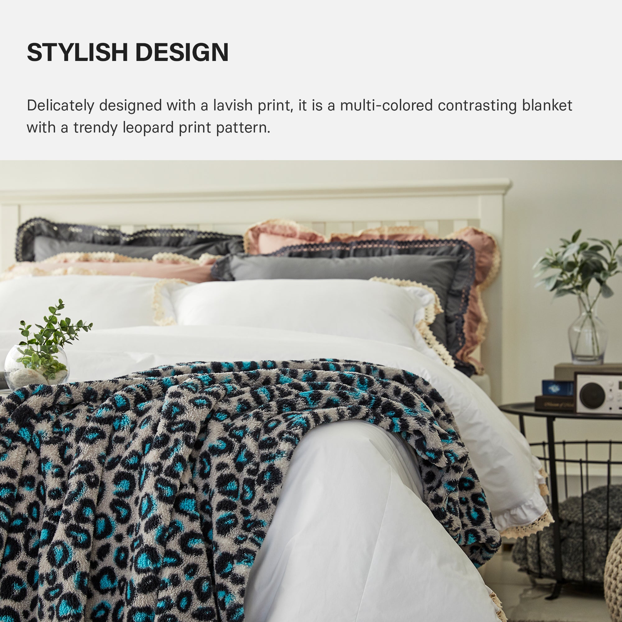 Leopard Sherpa Throw Blanket - Grey & Mint