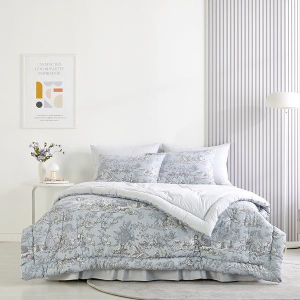 Toile de jouy Cotton Comforter Set - Antique Blue