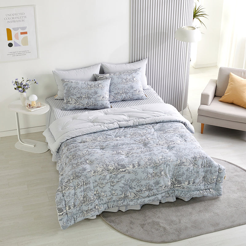 Toile de jouy Cotton Comforter Set - Antique Blue