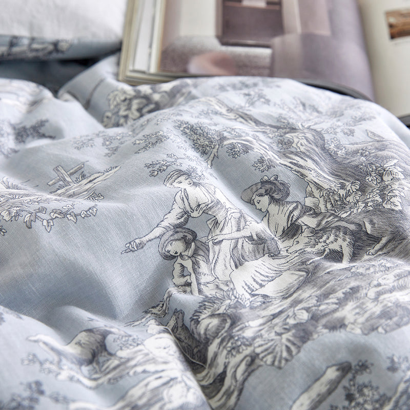 Toile de jouy Cotton Comforter Set - Antique Blue