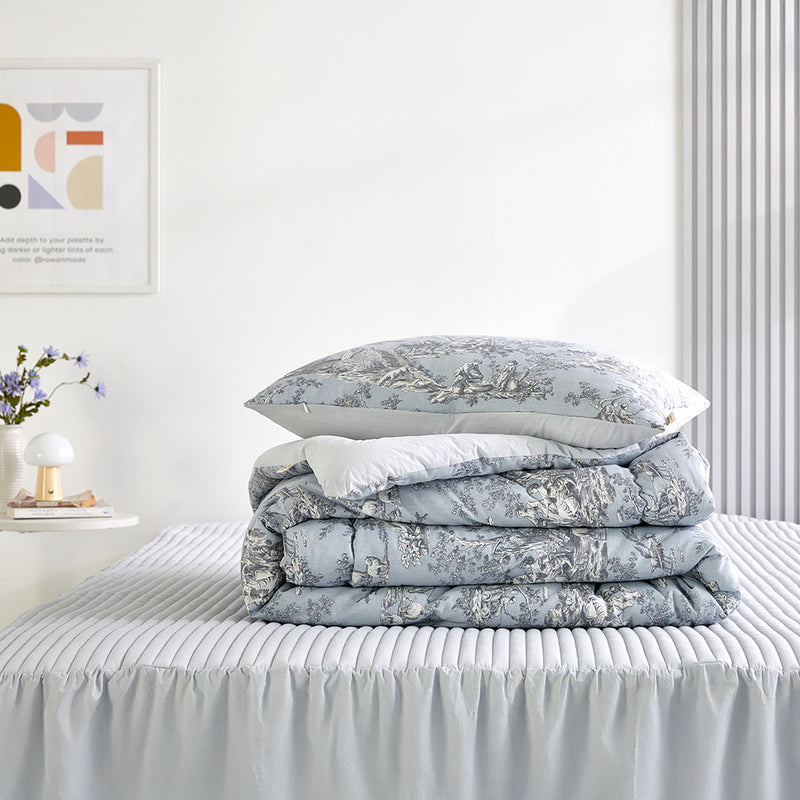 Toile de jouy Cotton Comforter Set - Antique Blue