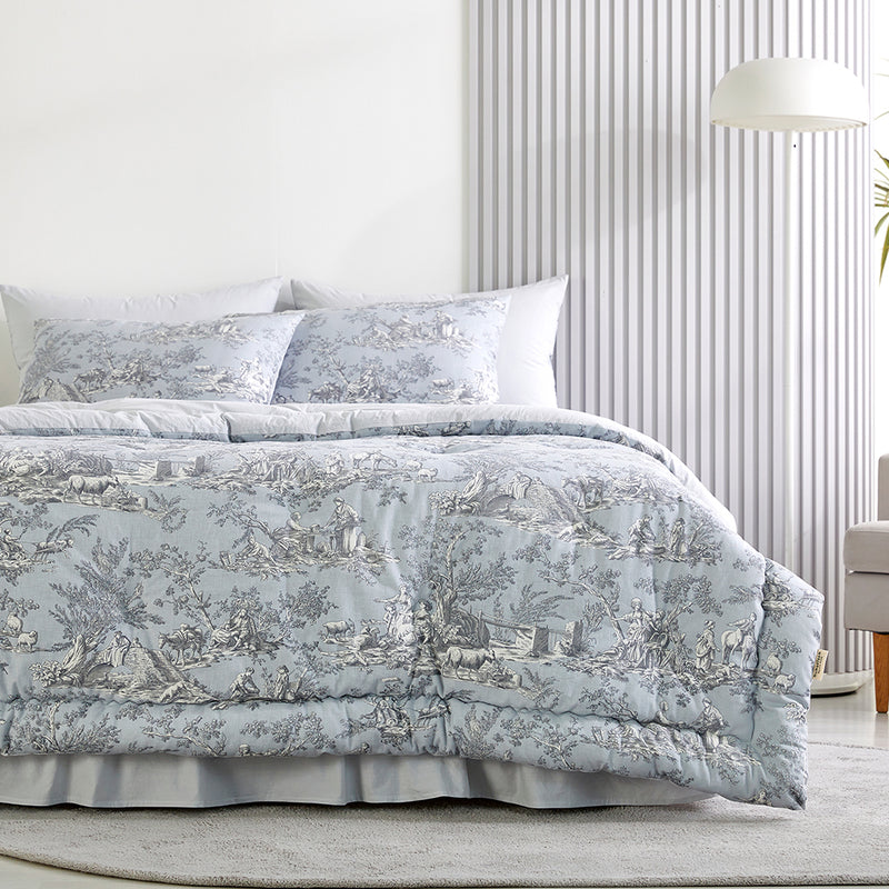 Toile de jouy Cotton Comforter Set - Antique Blue