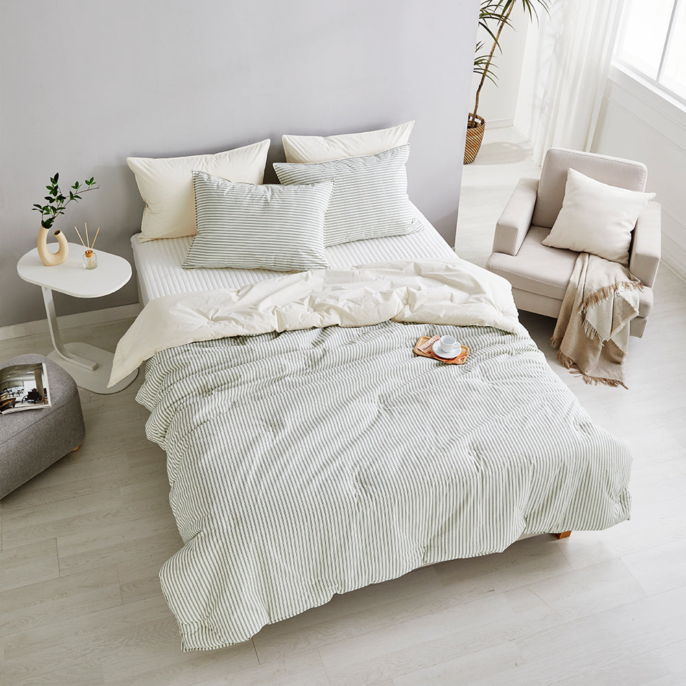 SERO[세로] Stripe Yarn-dyed Percale Comforter Set - Green (All-Season)
