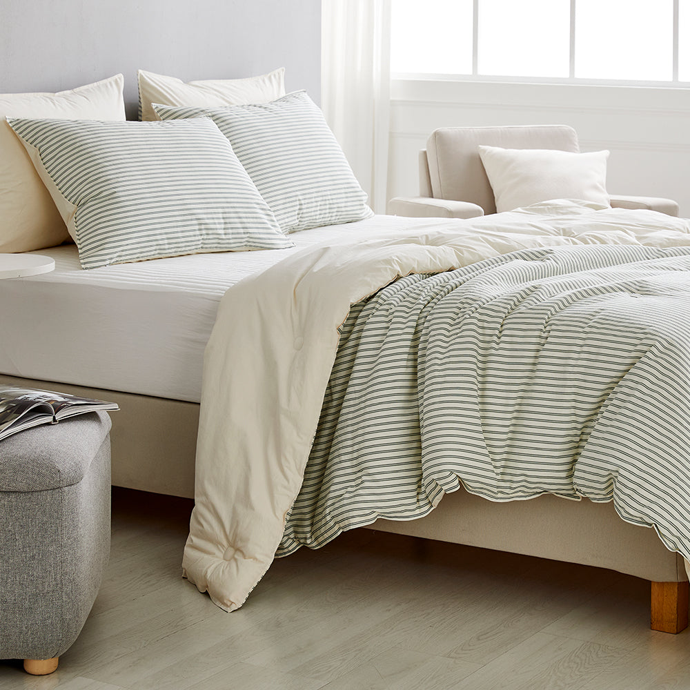 SERO[세로] Stripe Yarn-dyed Percale Comforter Set - Green (All-Season)