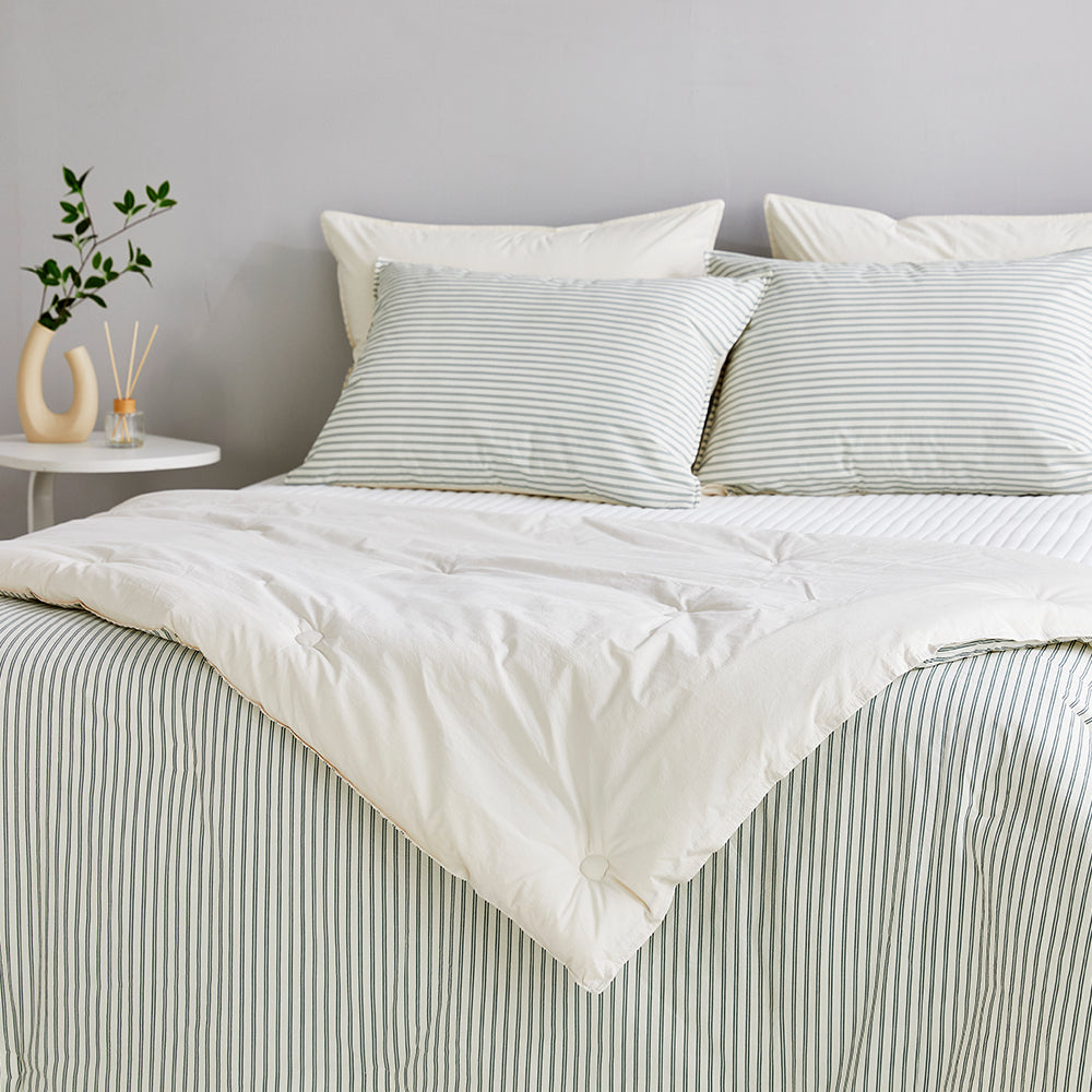 SERO[세로] Stripe Yarn-dyed Percale Comforter Set - Green (All-Season)
