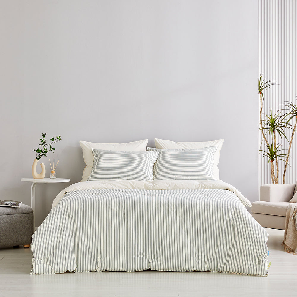 SERO[세로] Stripe Yarn-dyed Percale Comforter Set - Green (All-Season)
