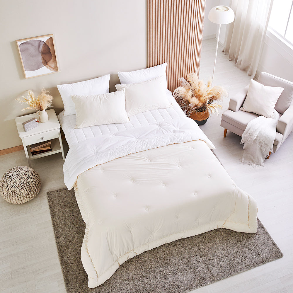 [Bundle] Harmony 3mm Microfiber & Percale Cotton Comforter & Pad Set - White&Ivory