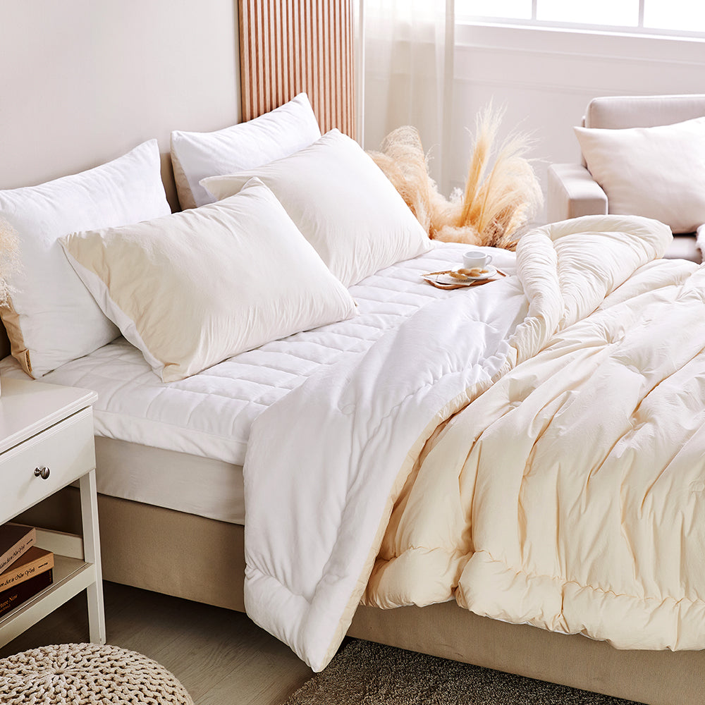 [Bundle] Harmony 3mm Microfiber & Percale Cotton Comforter & Pad Set - White&Ivory