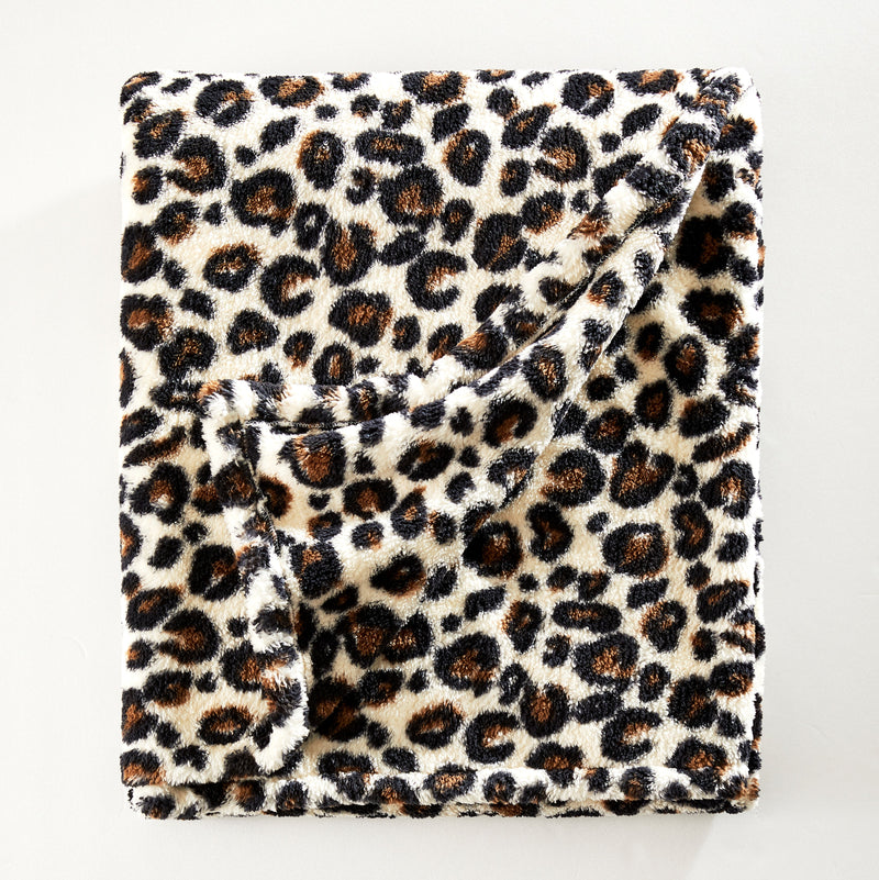 Leopard Sherpa Throw Blanket - Beige & Brown
