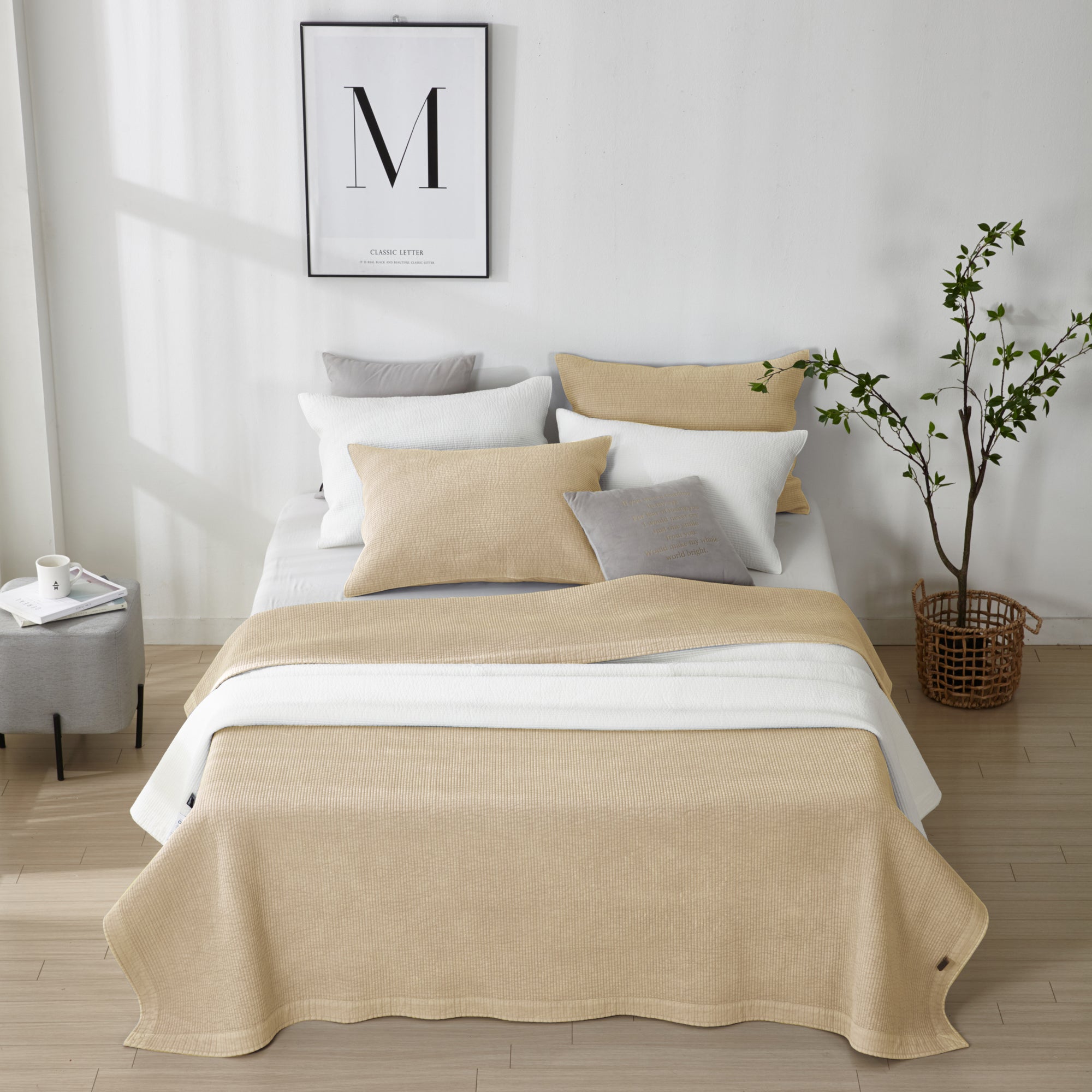 Pure Cotton Line Quilt Set in Beige