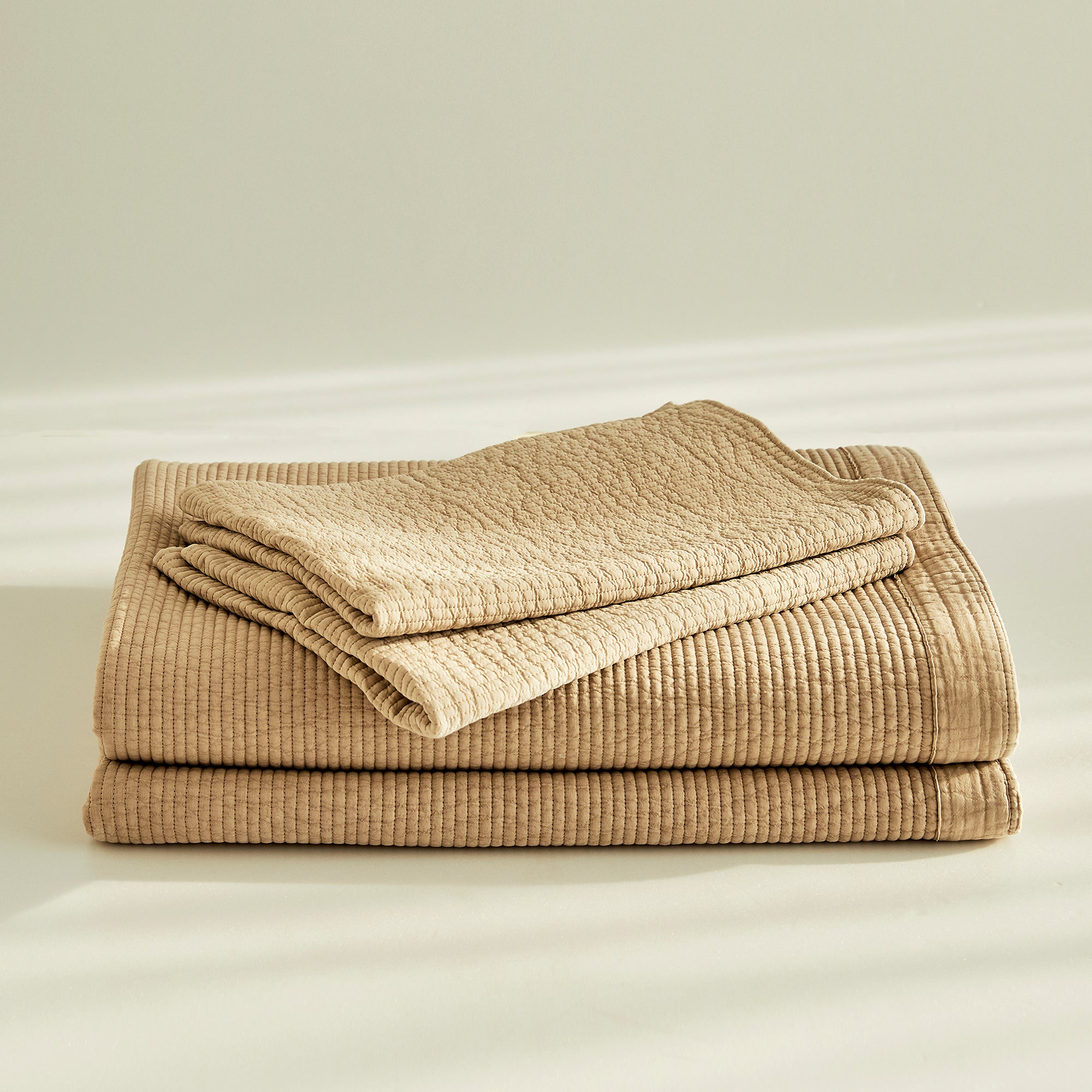 Pure Cotton Line Quilt Set in Beige