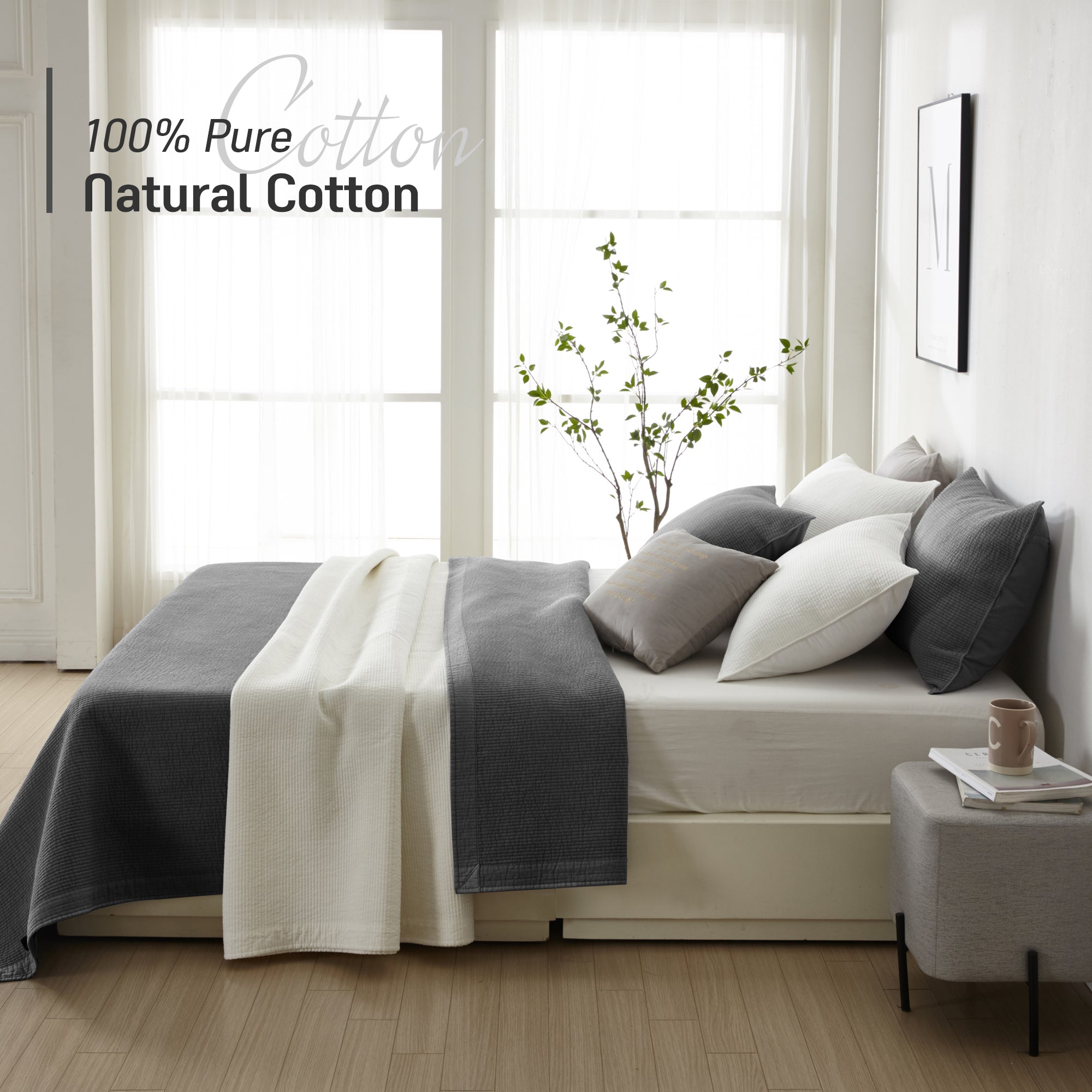 Pure Cotton Line Quilt Set in Grey