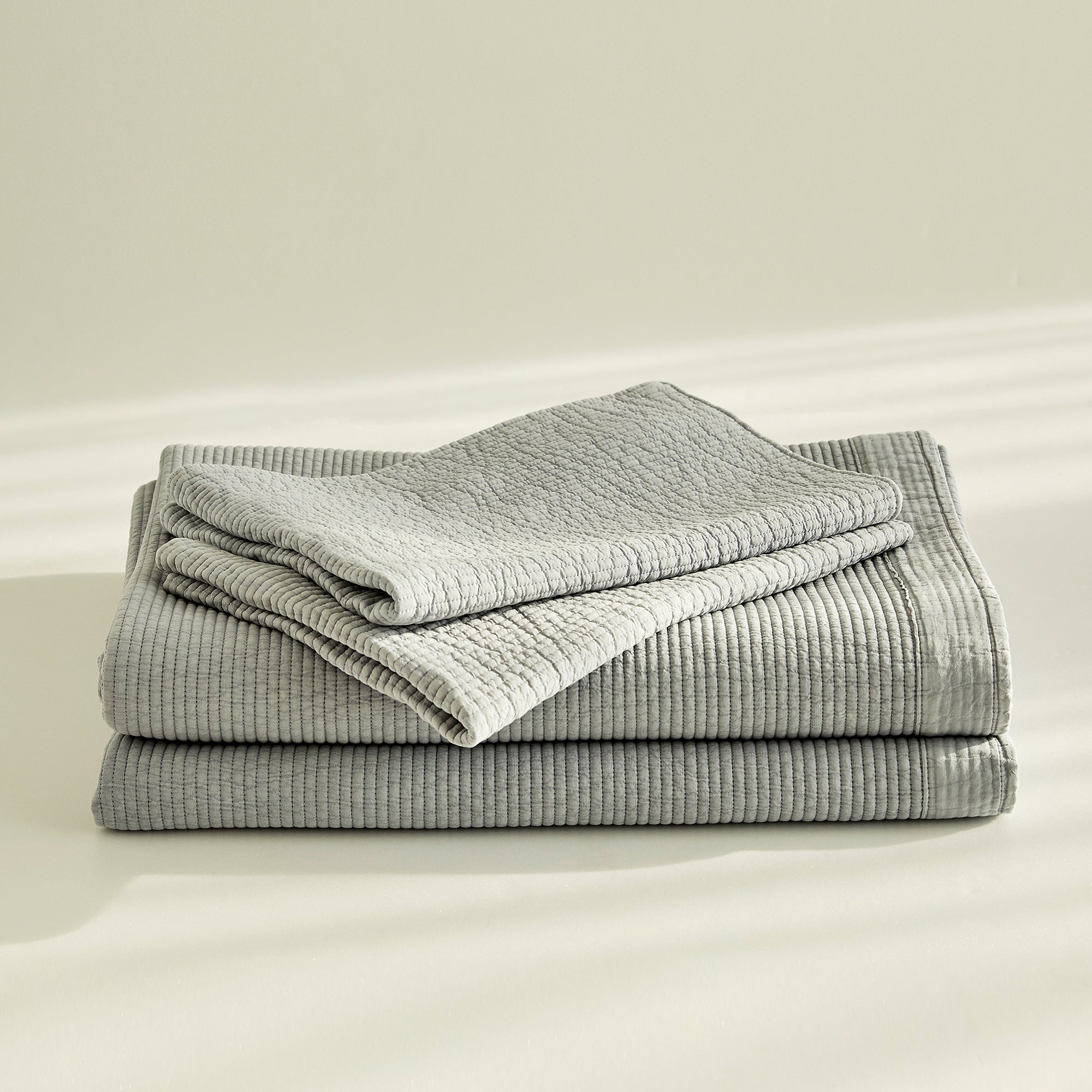 Pure Cotton Line Quilt Set in Pale Blue